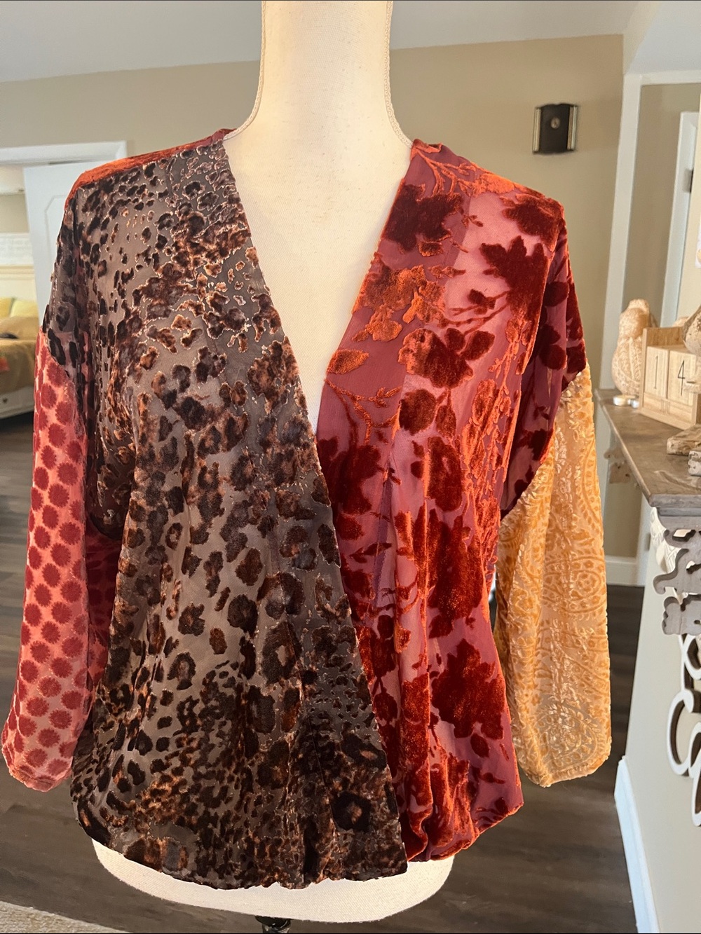 Mystree Velvet Patchwork V-Neck Blouse in Red, Brown and Gold